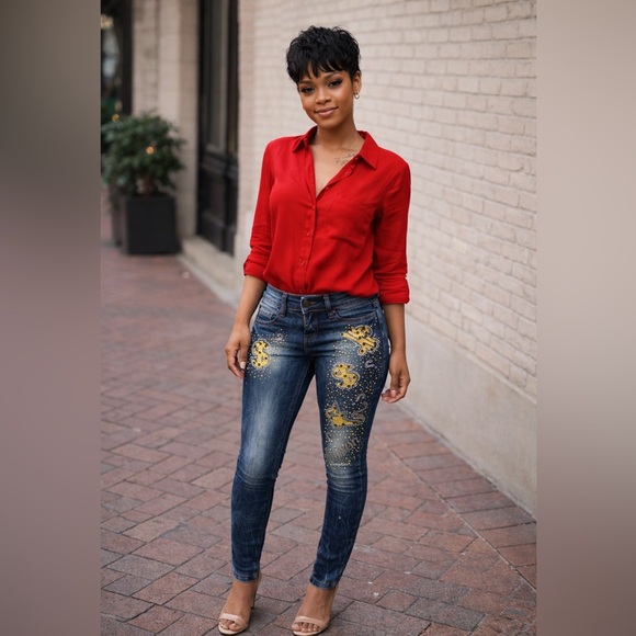 Y2K Low Rise Skinny Jeans Gold Rhinestone Embellished Denim - Picture 4 of 5